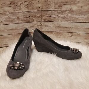 BCBGeneration grey suade like wedges with bling on toe